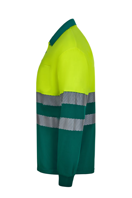 Tricou polo bicolor cu benzi reflectorizante segmentate maneca lunga GRS green/galben hi-vis V305535