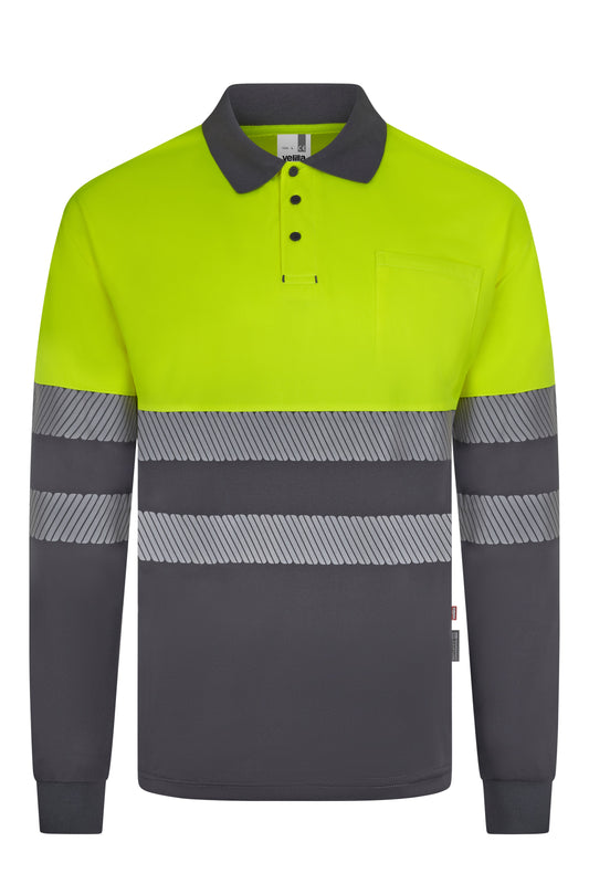 Tricou polo bicolor cu benzi reflectorizante segmentate maneca lunga GRS gri/galben hi-vis V305535