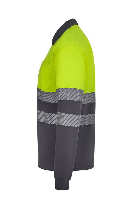 Tricou polo bicolor cu benzi reflectorizante segmentate maneca lunga GRS gri/galben hi-vis V305535