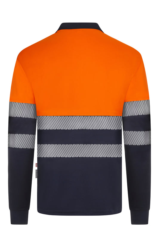 Tricou polo bicolor cu benzi reflectorizante segmentate maneca lunga GRS albastru marin/portocaliu hi-vis V305535