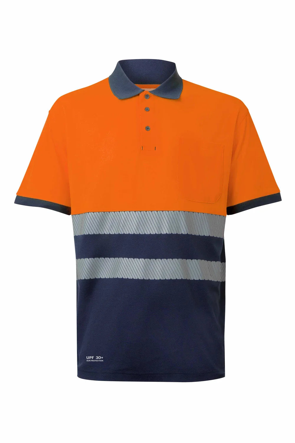 Tricou polo maneca scurta reflectorizant bumbac/poliester 150g albastru marin/portocaliu fluo V305543
