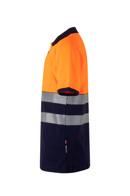 Tricou polo maneca scurta reflectorizant bumbac/poliester 150g albastru marin/portocaliu fluo V305543