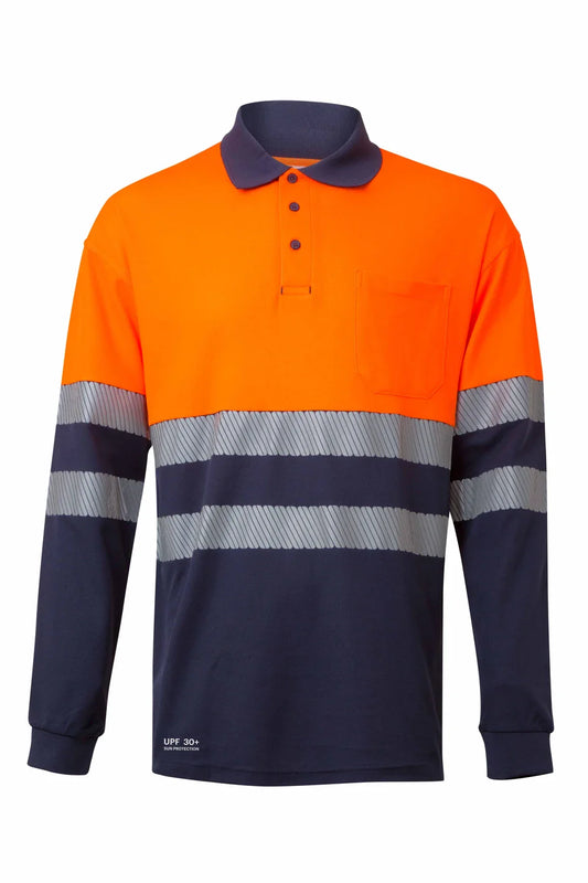 Tricou polo maneca lunga reflectorizant bumbac/poliester 150g albastru marin/portocaliu fluo V305545