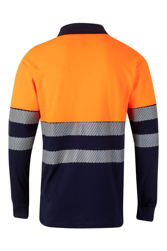 Tricou polo maneca lunga reflectorizant bumbac/poliester 150g albastru marin/portocaliu fluo V305545
