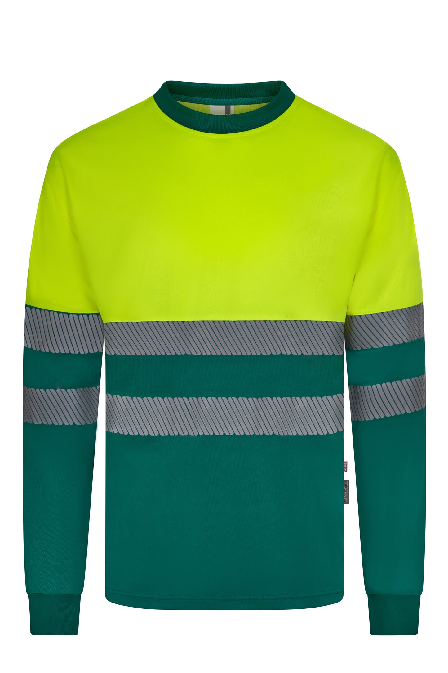 Tricou bicolor din bumbac maneca lunga benzi reflectorizante segmentate green/galben hi-vis V305619