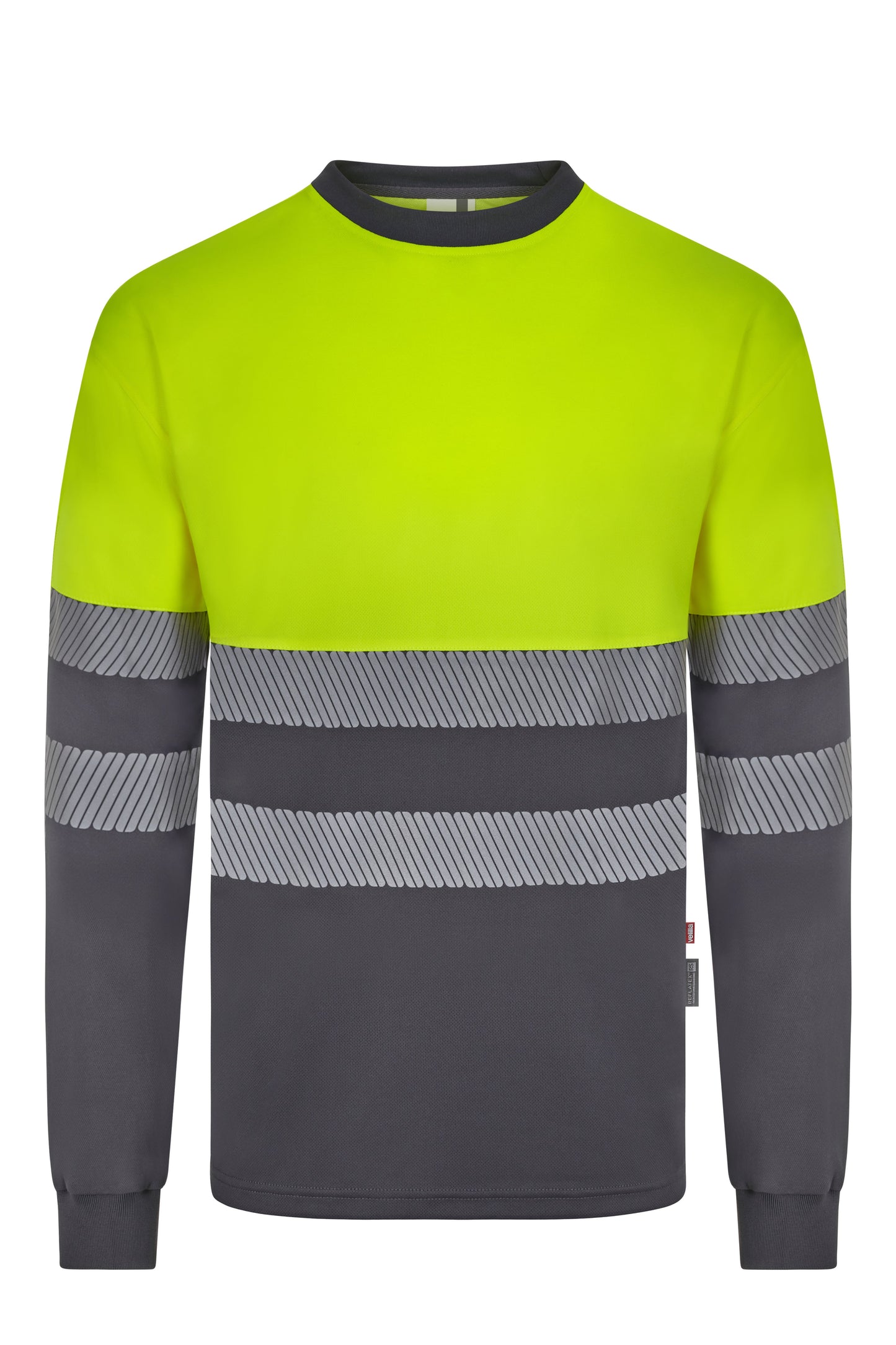 Tricou bicolor din bumbac maneca lunga benzi reflectorizante segmentate gri/galben hi-vis V305619