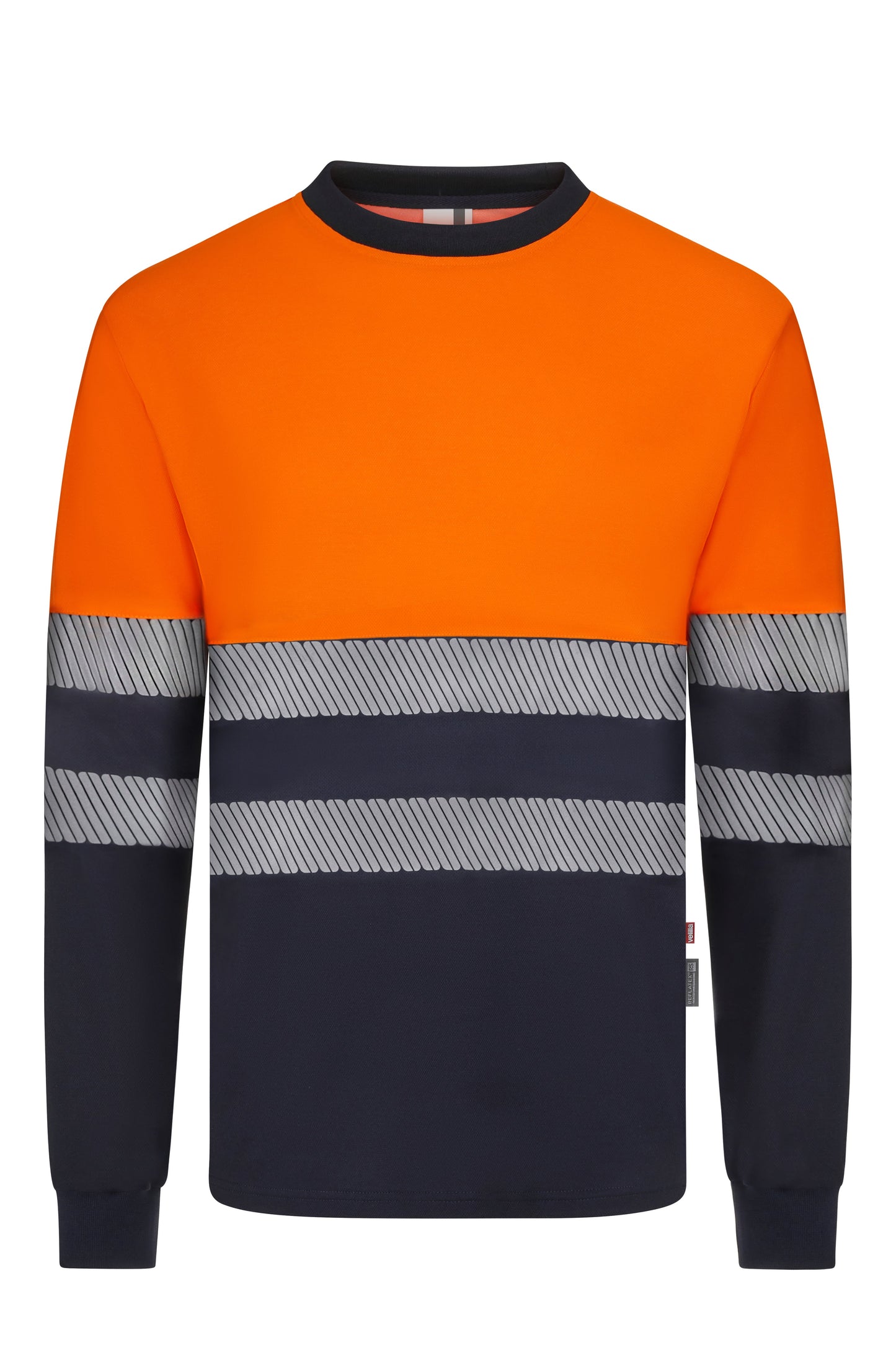 Tricou bicolor din bumbac maneca lunga benzi reflectorizante segmentate albastru marin/portocaliu hi-vis V305619