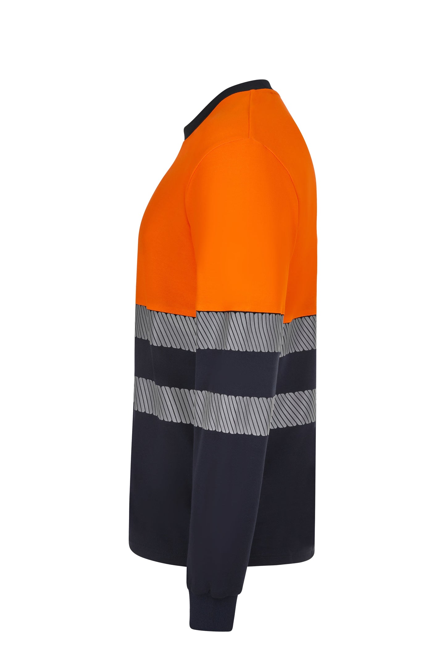 Tricou bicolor din bumbac maneca lunga benzi reflectorizante segmentate albastru marin/portocaliu hi-vis V305619