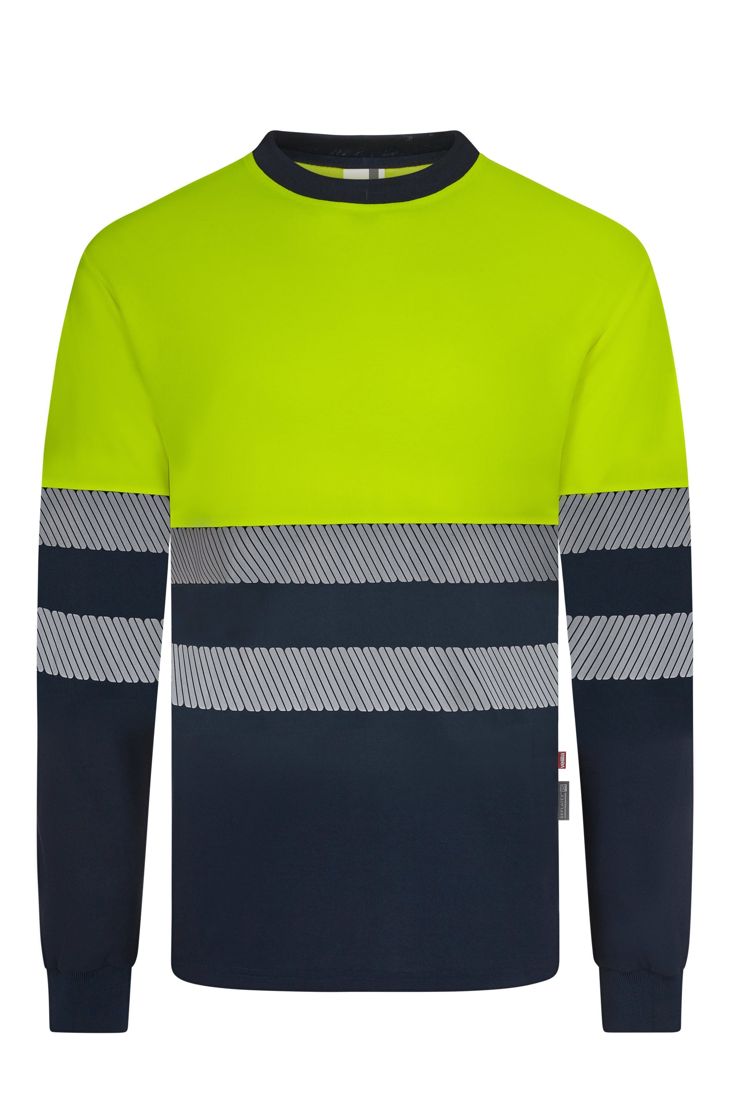 Tricou bicolor din bumbac maneca lunga benzi reflectorizante segmentate albastru marin/galben hi-vis V305619