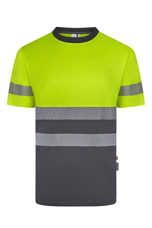 Tricou bicolor cu benzi reflectorizante segmentate maneca scurta GRS gri/galben hi-vis V305633
