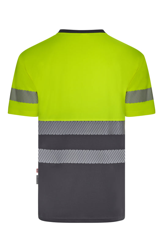 Tricou bicolor cu benzi reflectorizante segmentate maneca scurta GRS gri/galben hi-vis V305633