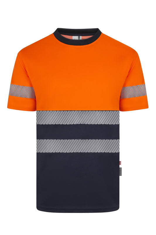 Tricou bicolor cu benzi reflectorizante segmentate maneca scurta GRS albastru marin/portocaliu hi-vis V305633