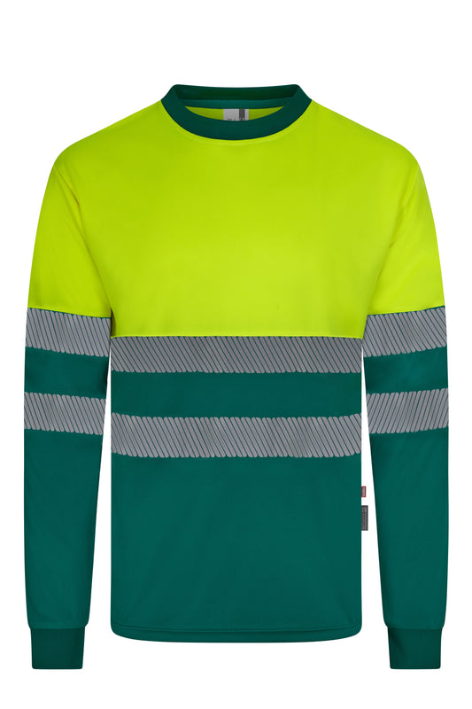Tricou bicolor cu benzi reflectorizante segmentate maneca lunga GRS green/galben hi-vis V305635
