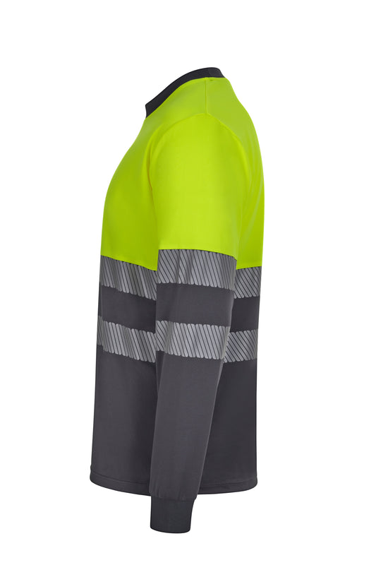 Tricou bicolor cu benzi reflectorizante segmentate maneca lunga GRS gri/galben hi-vis V305635