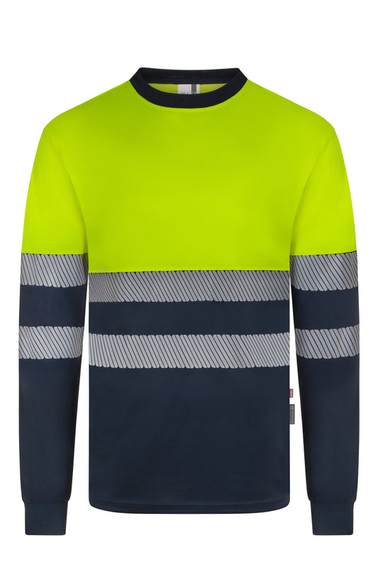 Tricou bicolor cu benzi reflectorizante segmentate maneca lunga GRS albastru marin/galben hi-vis V305635