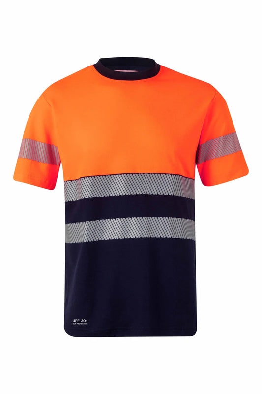 Tricou maneca scurta reflectorizant bumbac/poliester 150g albastru marin/portocaliu fluo V305643