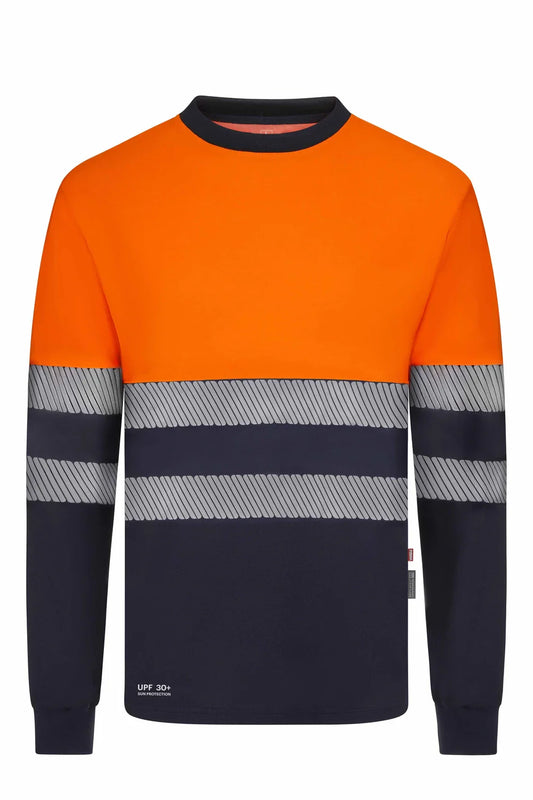 Tricou maneca lunga reflectorizant bumbac/poliester 150g albastru marin/portocaliu fluo V305645