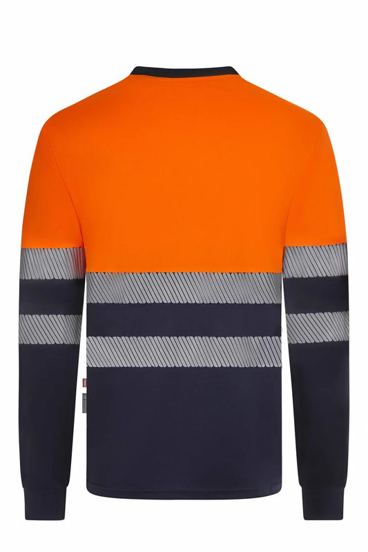 Tricou maneca lunga reflectorizant bumbac/poliester 150g albastru marin/portocaliu fluo V305645