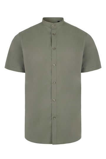 Camasa barbat maneca scurta poplin stretch guler tunica verde masliniu deschis V405012S