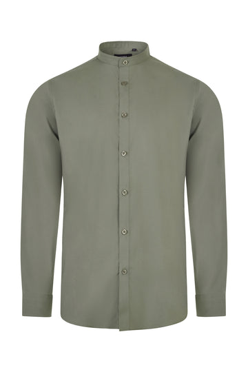 Camasa barbat maneca lunga poplin stretch guler tunica verde masliniu deschis V405013S