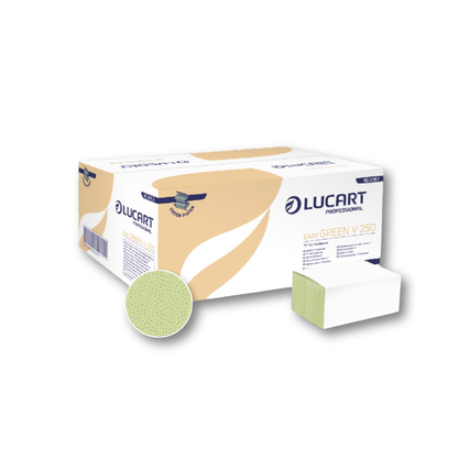 Șervețele pliate Lucart Easy Green V250 verzi din hârtie reciclată, EU Ecolabel