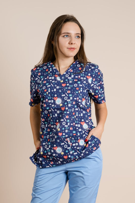 Bluza medicala Bleumarin cu Imprimeu Unisex Bumbac 115g Paris