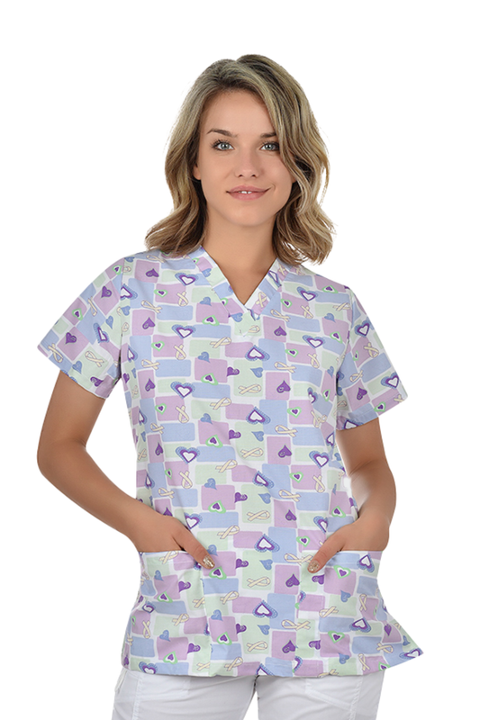 Bluza medicala imprimata unisex inimi mov tercot 140g Bambina