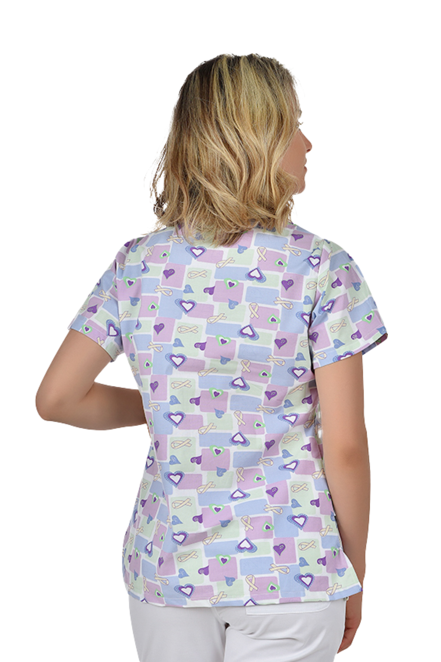 Bluza medicala imprimata unisex inimi mov tercot 140g Bambina