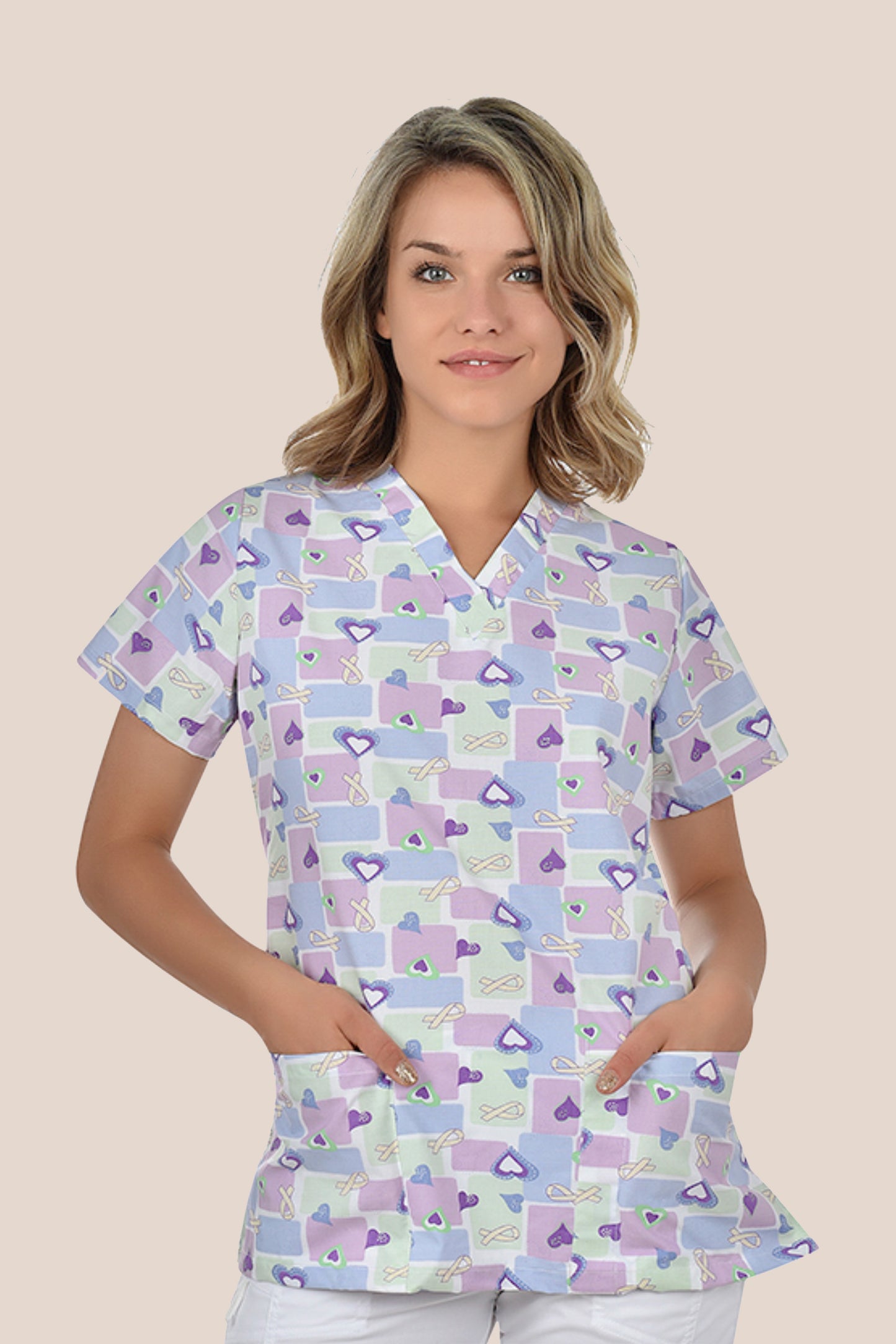 Bluza medicala Dama cu Inimioare mov Poplin 140g Bambina