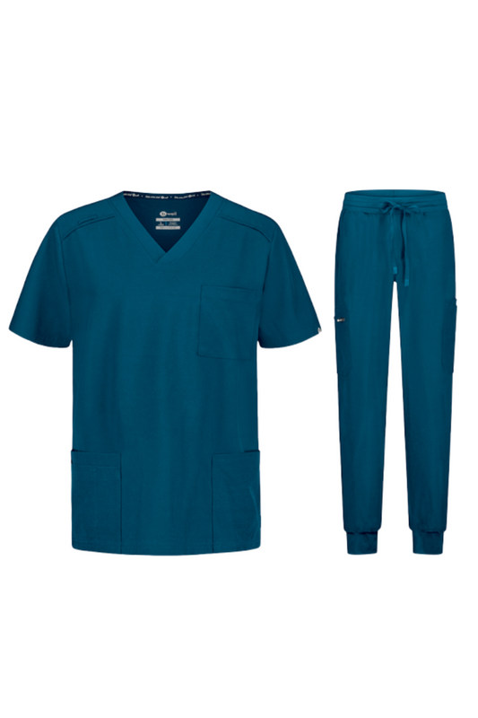 Costum medical stretch poliester 170g albastru caraibe barbat Matteo