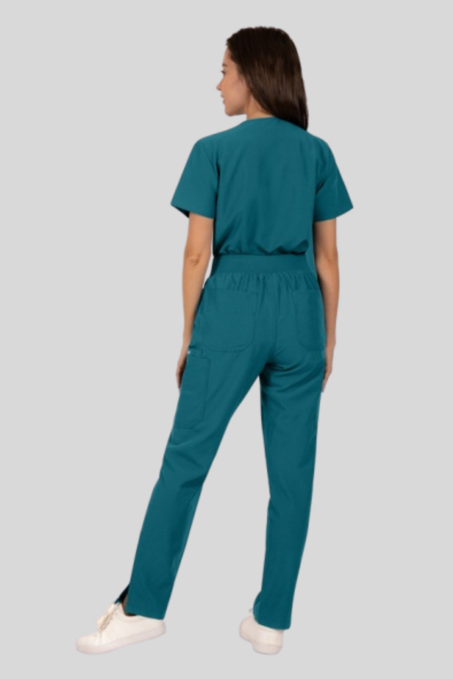 Costum medical stretch poliester 170g albastru caraibe dama Bella