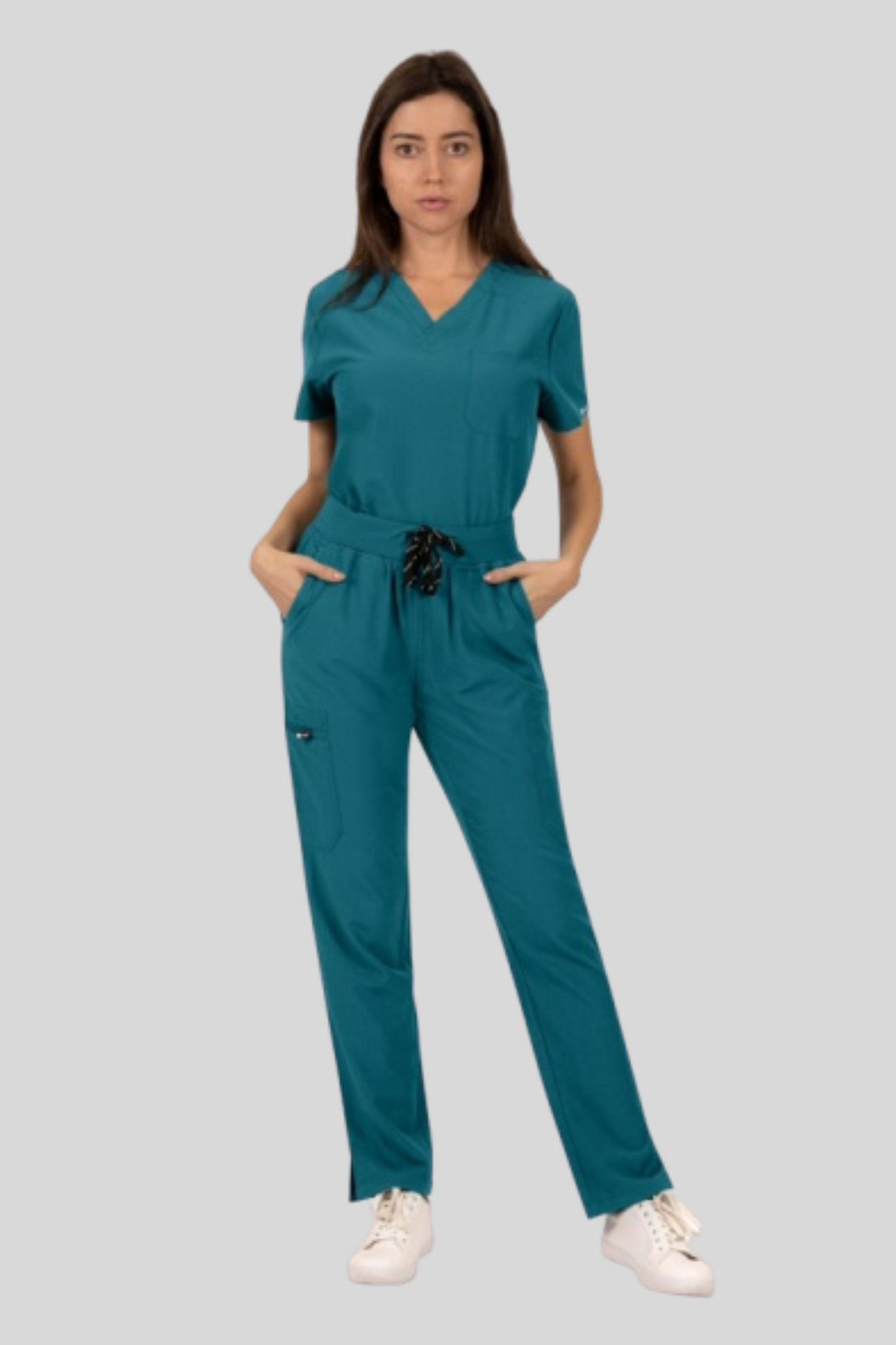 Costum medical stretch poliester 170g albastru caraibe dama Bella