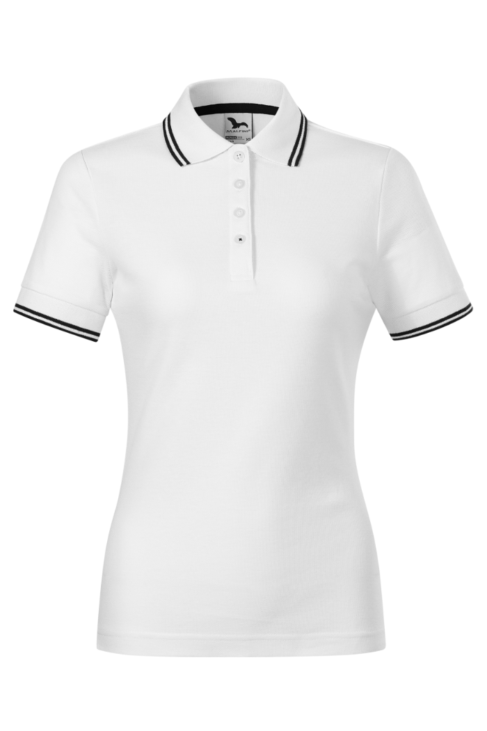 Tricou polo dama alb/negru bumbac/poliester 180g Pique Polo
