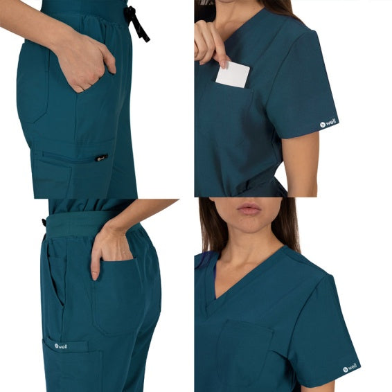 Costum medical stretch poliester 170g albastru caraibe dama Bella